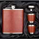 7 Oz Stainless Steel Hip Flask Gift Set Brown Leather with 2 Cups and Funnel 100% Leak Proof for Alcohol, Whiskey, Rum and Vodka Pocket Mini Drinking Flasks