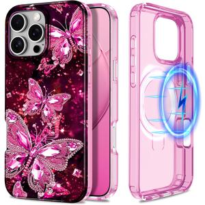 2 x Hekodonk for iPhone 16 Pro Max Case,Compatible with MagSafe,Glow in The Dark Full Body Rugged Protection Slim Shockproof Glossy Stylish Women Girls Case for iPhone 16 Pro Max 6.9 inch,Hot Pink