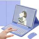 Keyboard Case for iPad Air 13 Inch Case (M3 2025/M2 2024)/iPad Pro 12.9 (6th, 5th, 4th, 3rd Gen) with Pencil Holder, Cute Round Key Detachable Keyboard Mouse Combo, Light Purple