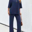 PRETTYGARDEN 2 Piece Lounge Sets for Women Summer 2025 Short Sleeve Tops Wide Leg Pants Matching Travel Outfits Clothing (Navy,X-Small) 