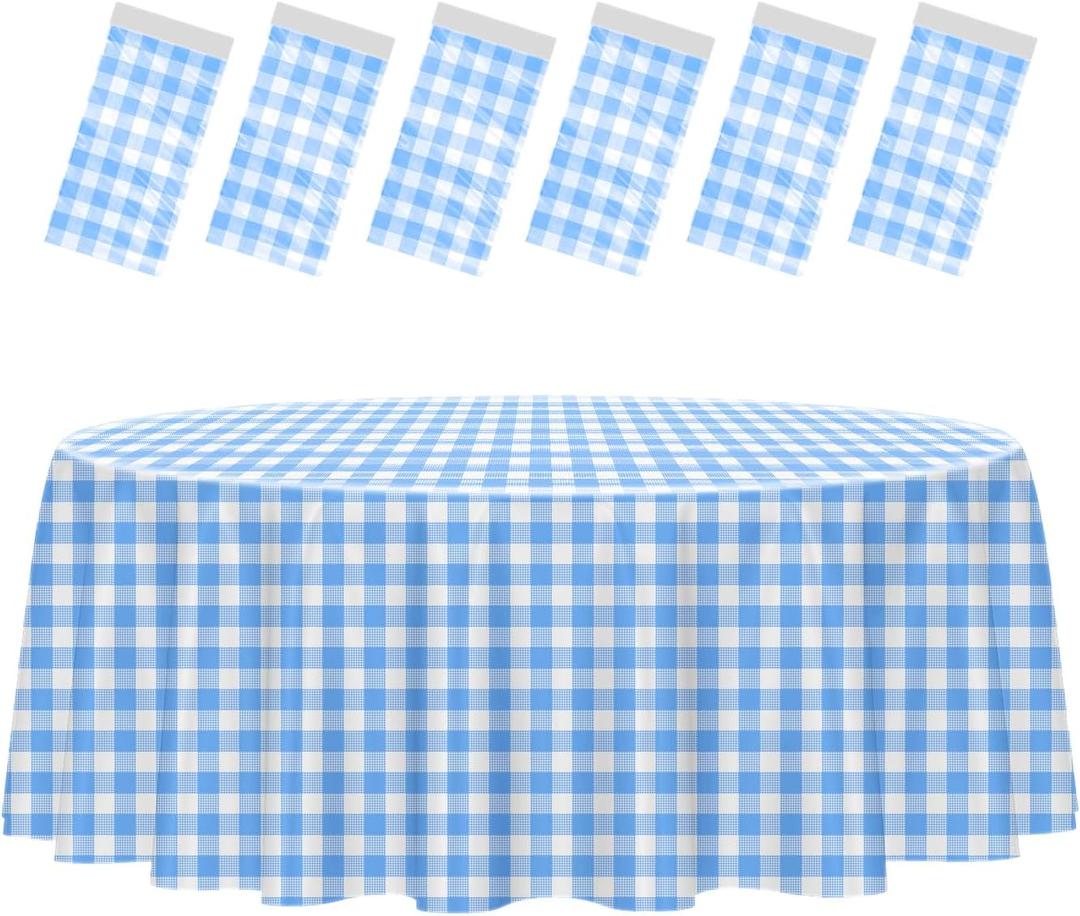 HEIPINIUYE 6 Pack Blue and White Round Checkered Tablecloth 84 84 Blue Plaid Table Cover Disposable Tablecloth for Round Tables Party Picnic Camping Birthday Plastic Gingham Table Cloth