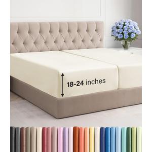 Extra Deep Split King Fitted Sheet - Hotel Luxury Single Fitted Sheet Only - Easily Fits 18 inch to 24 inch Mattress - Ultra Soft, Wrinkle Free w/Extra Deep Pockets - Breathable & Comfy - Off White