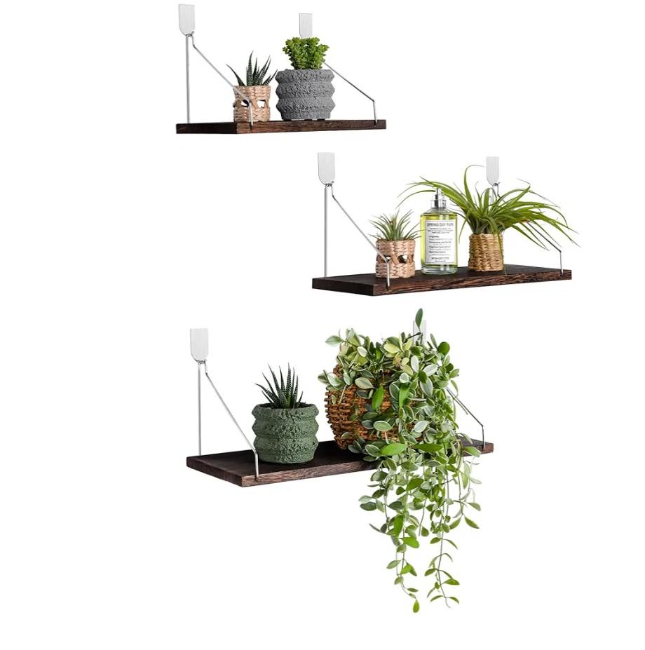 MITIME Floating Shelves Set of 3 Rustic Solid Wood Floating Shelf Wall Storage Shelves for Living Room, Bedroom, Bathroom, Kitchen Laundry, Office.no Drill Shelf.(Retro Color L+M+S)