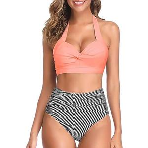 Tempt Me Women Two Piece Vintage Swimsuit Retro Halter Ruched High Waist Bikini with Bottom M Tempt Me Women Two Piece Vintage Swimsuit Retro Halter Ruched High Waist Bikini with Bottom M