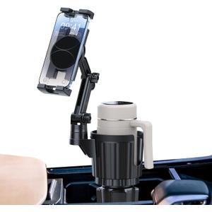 Car Cup Holder Expander Phone Holder with Adjustable Arm and Base, 2 in 1 Phone Mount and CupHolder Adapter with Expandable Base for Most Large Drink Bottle and Fit All 47'' Smartphones