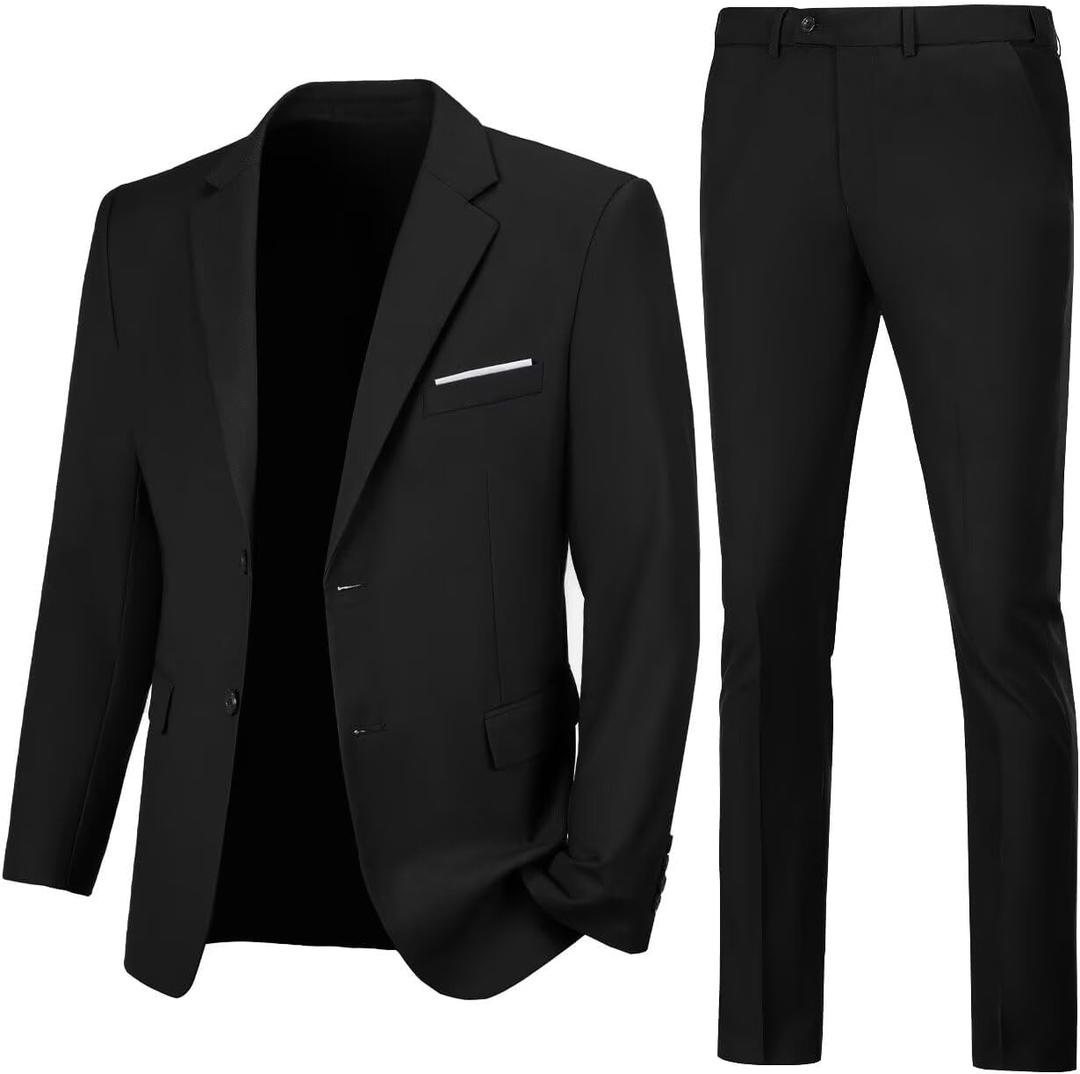 Mens 2 Piece Slim Fit Suit Two Button Formal Solid Suit Jacket Pants Set Wedding Work Prom Tuxedo Men (Black, L)