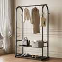 Black Clothing Rack for Hanging Clothes,Sturdy metal clothes rack,Modern Garment Rack with Bottom Storage Shelves and 6 Side Hooks,Freestanding Wardrobe Rack for Bedroom or Closet