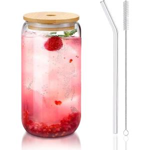 DAMCONME Glass Cups with Lids and Straws 1Pack, Glass Coffee Cups, Glass Cup with Lid for Iced Coffee, Smoothie, Cocktail, Beer, Whiskey, Soda, Matcha, 16 Oz Glass Cup with Bamboo Lid, 1 Brush