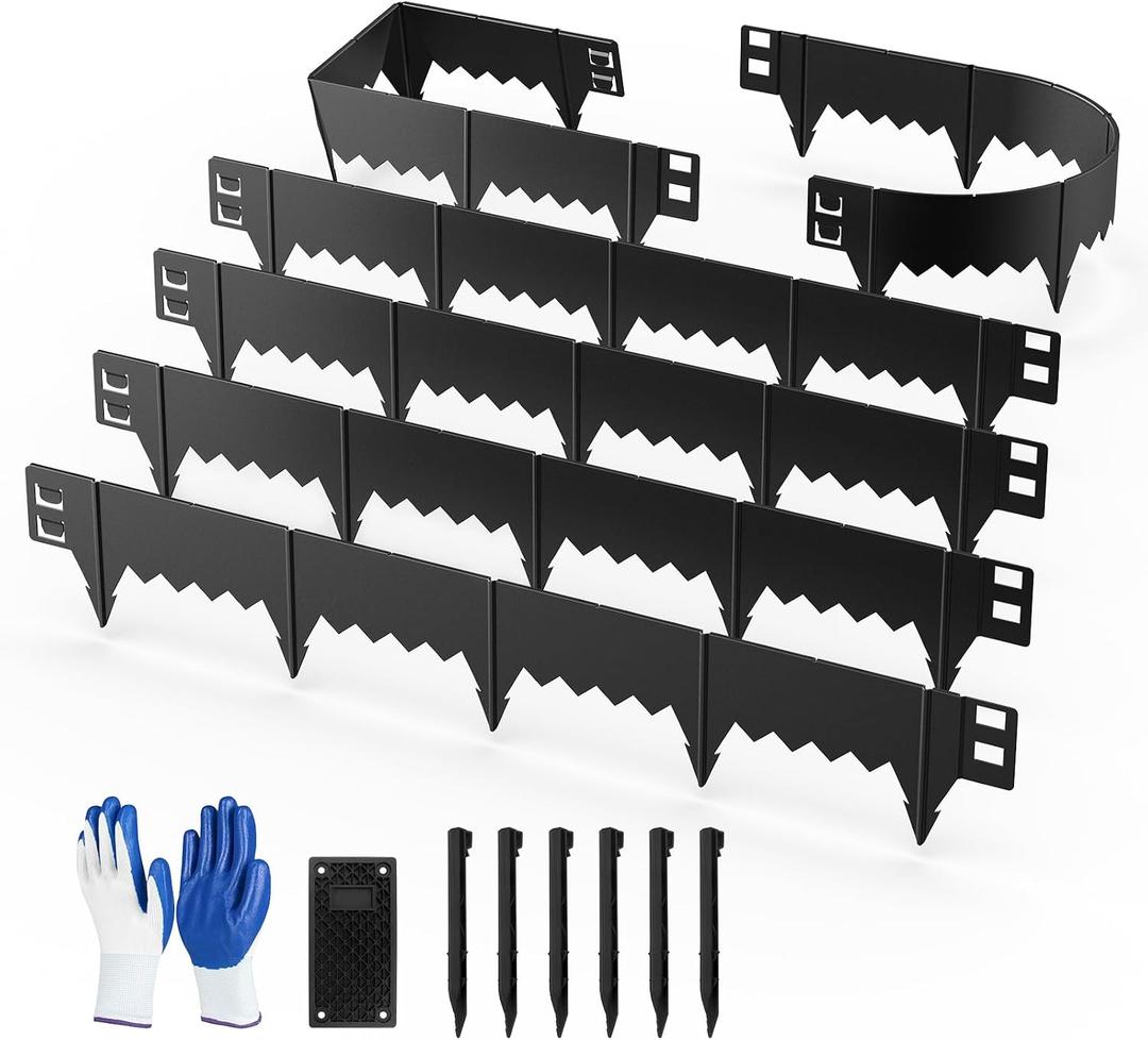 6-Pack Heavy Duty Metal Garden Border(20FT), 6 in *37 in Hammer-in Landscape Edgings with 6 Pcs Plastic Stakes, Bendable Lawn Edgings for Yard, Tree Rings, Lawn,Pathway-Black