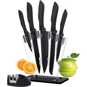 Kitchen Knife Set 7 Piece, High Carbon Stainless Steel Knife Block Set with Knife Sharpener, Professional Chef Knife Set with Acrylic Stand,Non stick coating for Anti-rusting and Sharp (Black)