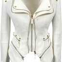 Fashion SX Womens Rivet Faux Leather Jacket Zipper Moto Biker Denim coat Motorcycle Outwear (Large, White)
