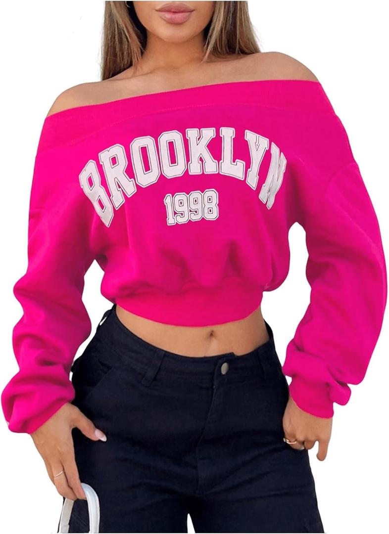 SOLY HUX Women's Letter Graphic Sweatshirt Off Shoulder Long Sleeve Cropped Pullover Top HotPink Letter Small (Pink, S)