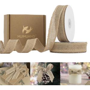 HUIHUANG Natural Burlap Ribbon 1 inch x 20 Yards Jute Burlap Fabric Ribbon for Gift Wrapping Thin Burlap Ribbons for Crafts Wreaths Bows Rustic Home Fall Christmas Decoration Wedding Decor (No Wire)