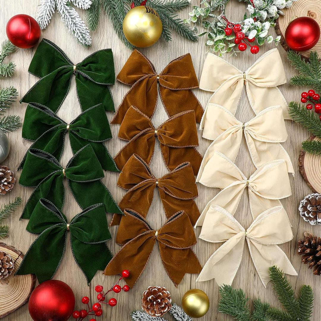 Janinka 12 Pcs Christmas Velvet Bows 6 Inch Rustic Wreath Gift Bows Vintage Xmas Velvet Ribbon Bow Ornaments for Christmas Farmhouse Tree Garland DIY Craft Wrapping Decorative(Milky White,Brown,Green)