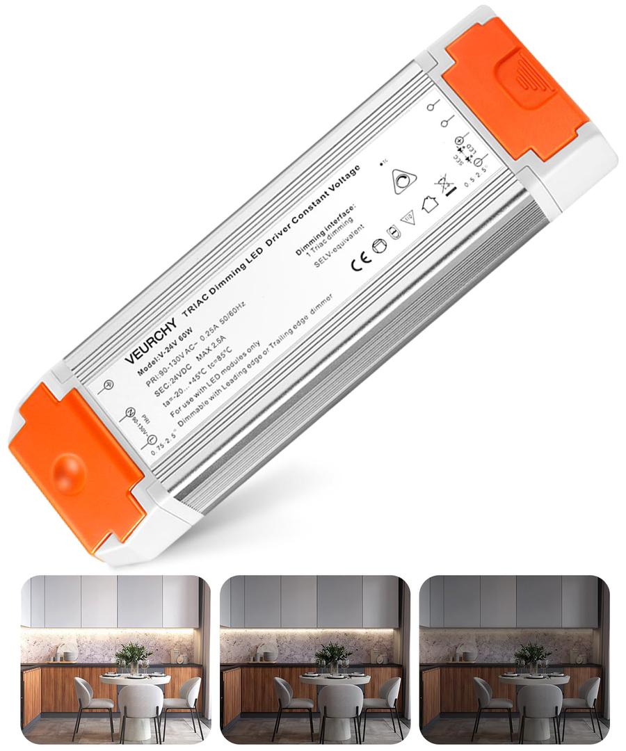 24V Dimmable LED Driver, 60 Watt Dimmable LED Power Supply AC 120V to DC 24V Compatible with Lutron & Leviton Dimmer Switches, 24 Volt Led Transformer 60W for Strip Lights Smooth Dimming