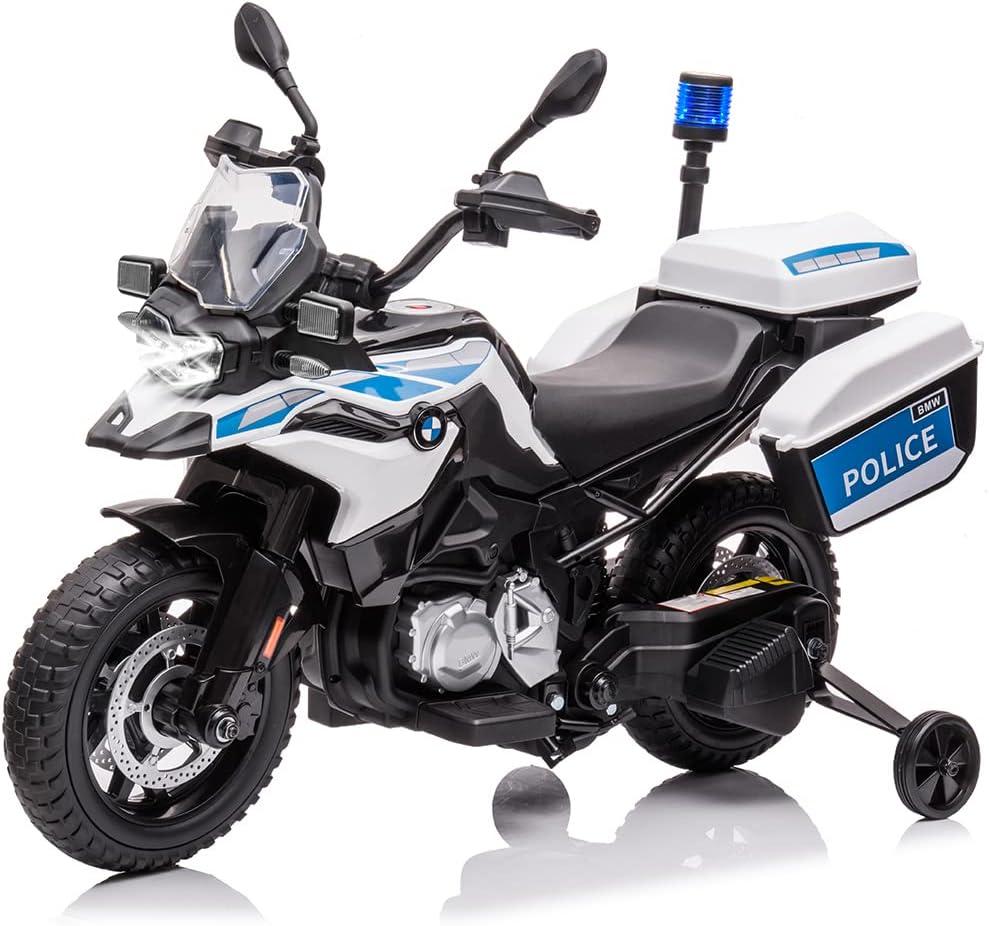 12V 7AH Kids Motorcycle, Ride On Police Motorcycle, Licensed BMW Kids Car with High/Low Speed, 2 Storage Boxes,Warning Lights and LED Headlights,Spring Suspension, Toys for Boys Girls (White)