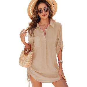 Urchics Swimsuit Coverup for Women 2025 Drawstring V Neck Bikini Swimwear Beach Cover Up Beach Shirt Dress (XX-Large, Apricot)