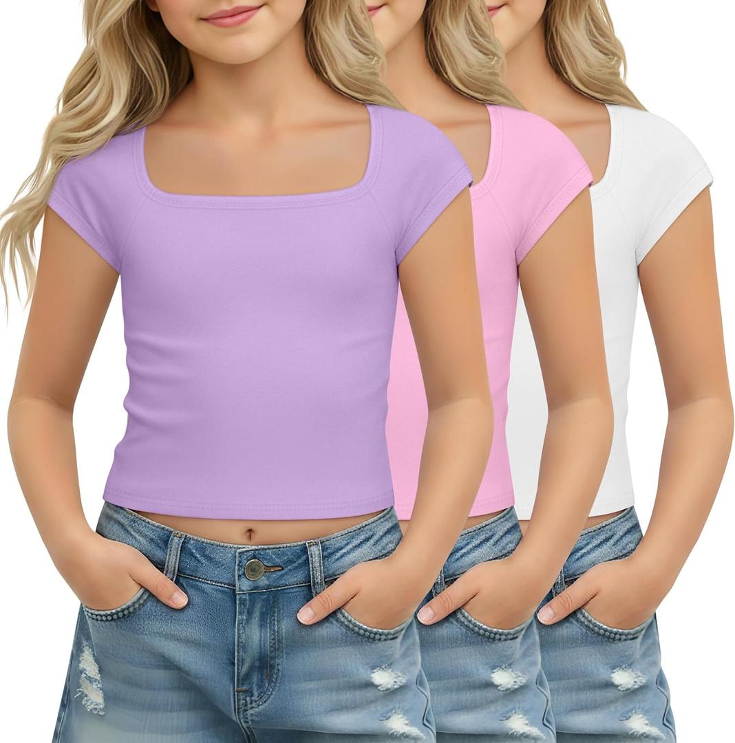 3 Pack Girls Crop Tops Cap Short Sleeve Square Neck Slim Fit Cropped Tees Basic Cute Summer Casual Trendy T Shirts 9-10Y