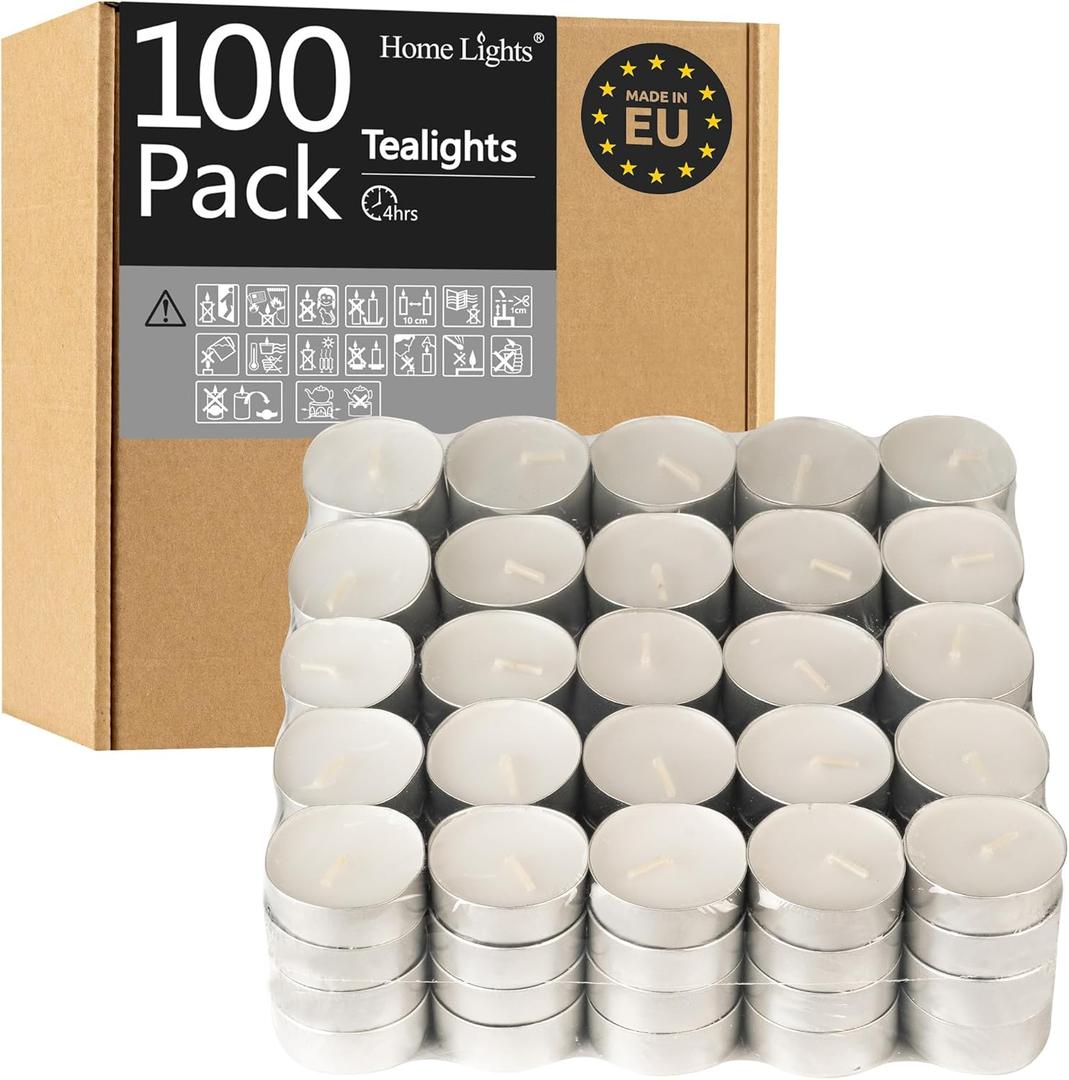 Tealight Candles - 4 Hours - Giant 100,200,300 Bulk Packs - White Unscented European Votive Smokeless Tea Lights for Shabbat, Weddings, Christmas, Home Decorative- 100 Pack