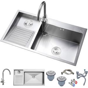 1000mm/39.3Inch Laundry Utility Sink With Washboard Stainless Steel Kitchen Sink with Faucet Household Pool Balcony Room Wash Basin Easy Clean Double-Bowl
