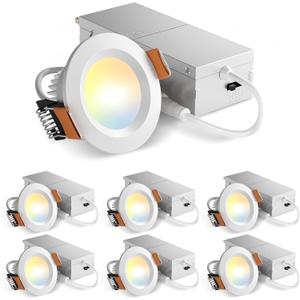 Amico 6 Pack 2 Inch 5CCT Ultra-Thin LED Canless Recessed Ceiling Light with Junction Box, 2700K/3000K/3500K/4000K/5000K Selectable, CRI90+, 6W=40W, 350LM, Dimmable Canless Wafer Downlight-ETL&FCC