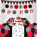 17th Birthday Decorations for Boys Girls Red and Black, Happy 17th Birthday Backdrop Banner, 17 Birthday Party Decoration Tablecloth Balloons Triangle Flag, 17 Year Old Boy Bday Party Supplies