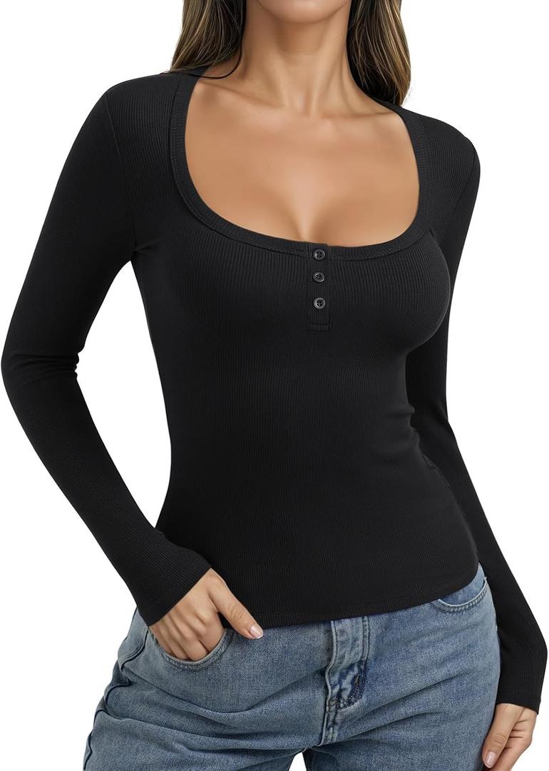 PINKMSTYLE Ribbed Square Neck Long Sleeve Top for Women Cute Y2K Fall Tops Trendy Going Out Tops (Black, M)