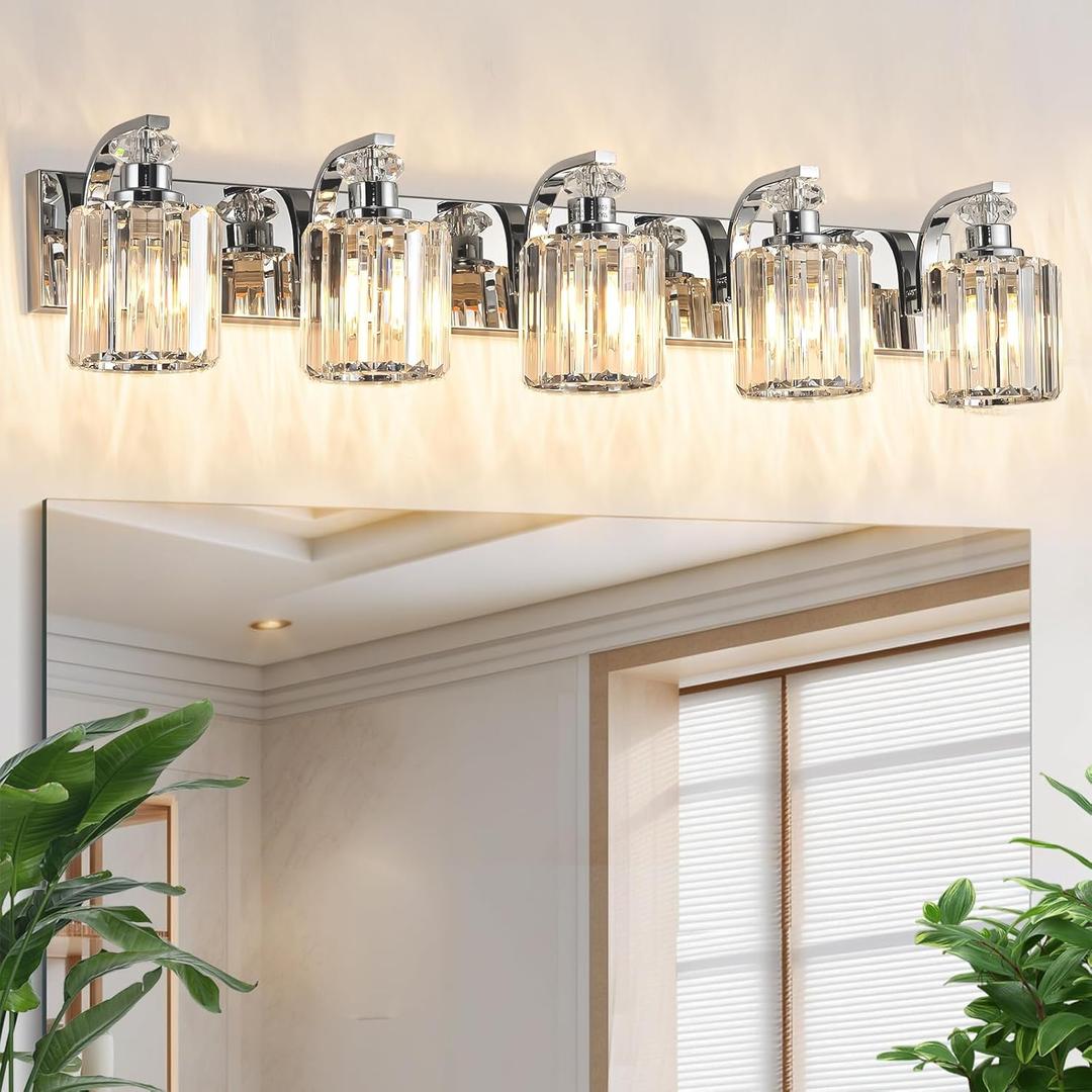 Chrome Bathroom Light Fixtures with K9 Crystal Lampshade Bathroom Lighting Over Mirror Vanity Lights for Living Room,Bedroom,Restroom,Hallway 5 Lights
