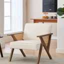 Linen Upholstered Accent Chair, Mid Century Modern Vintage Rattan Vanity Chair with Wood Armrest and Legs for Living Room Bedroom,Beige