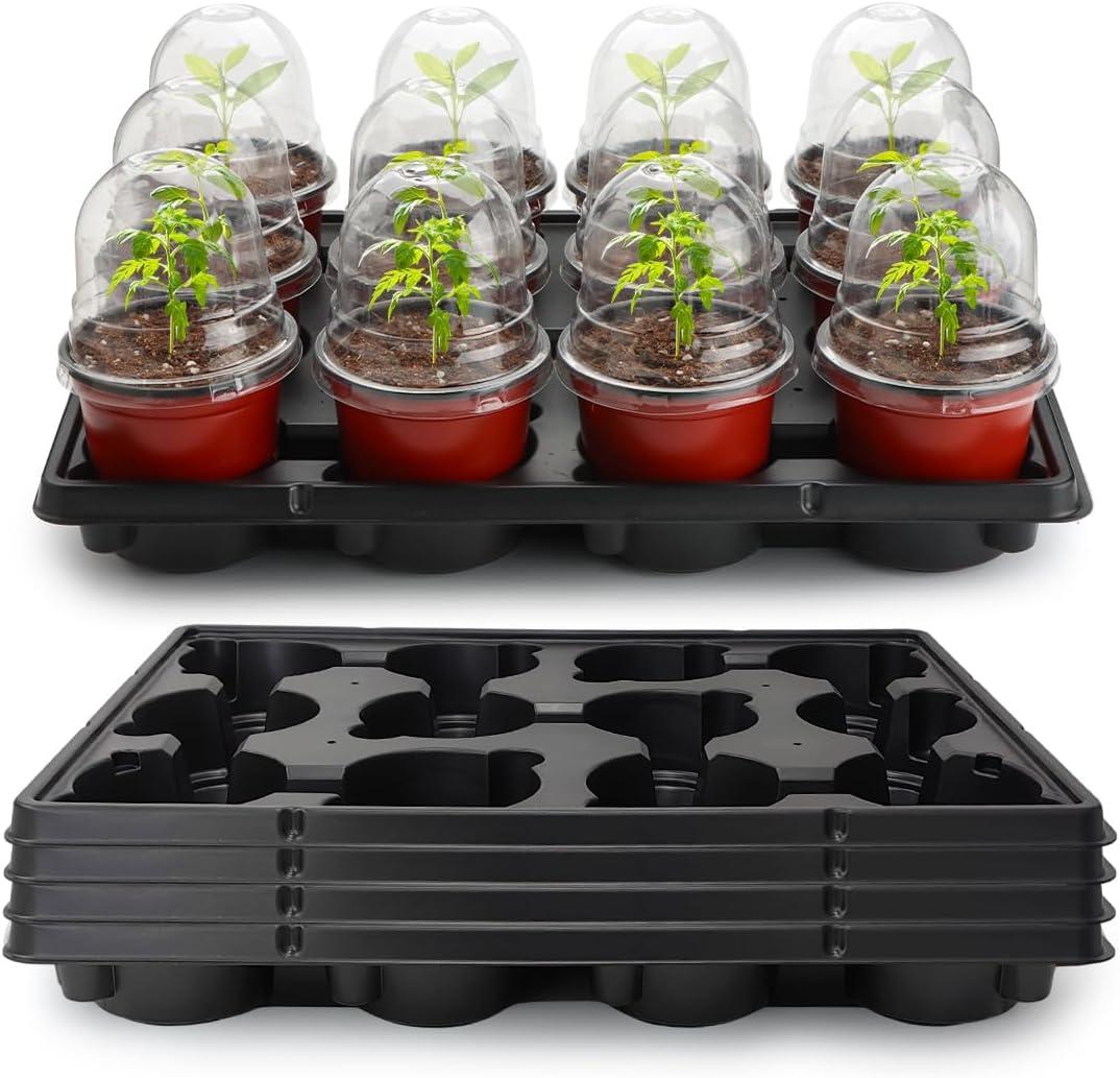 4 Inch 60 Pack Nursery Pots with Humidity Domes & 5 Pack 12 Cell Round Seedling Pot Carrying Trays, Sturdy Seeds Starter Pot Germination Set, Small Planter Nursery Propagation 5 Sets (Red + Black + Clear)