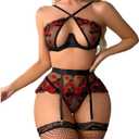 Lace Sets for Women Sexy Wear Garter Lingerie Set for Women 3 Piece Red Lace Crop Top Floral Embroidered Teddy (XL)