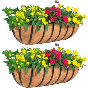 2 Pack 24" Railing Planter Window Box with Coco Fiber Liner Horse Trough Planter The Railing Planters Boxes for Deck Porch Fence Outdoor