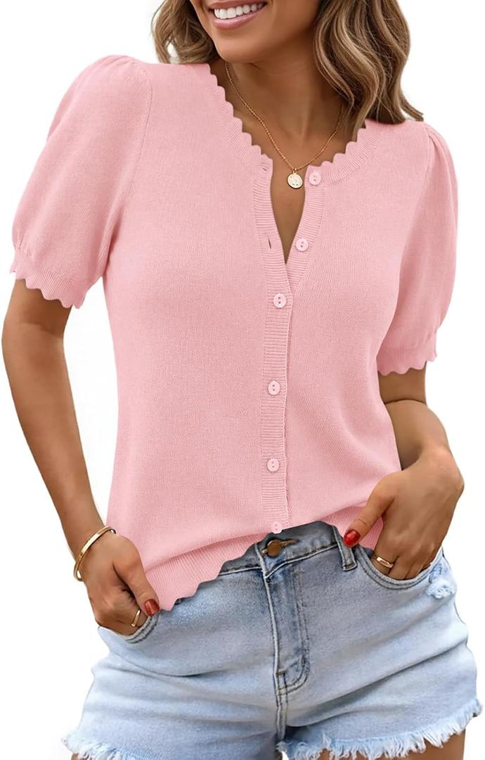 Saodimallsu Womens Puff Short Sleeve Cardigans Lightweight Button Down Shirts Crew Neck Casual Knit Sweater Tops (Pink, L)