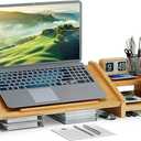 Ufine Bamboo Laptop Stand for Desk 3 Heights Adjustable Notebook Stand Computer Monitor Riser with 2 Tier Storage Shelf, Desktop Organizer Printer Stand for Home Office