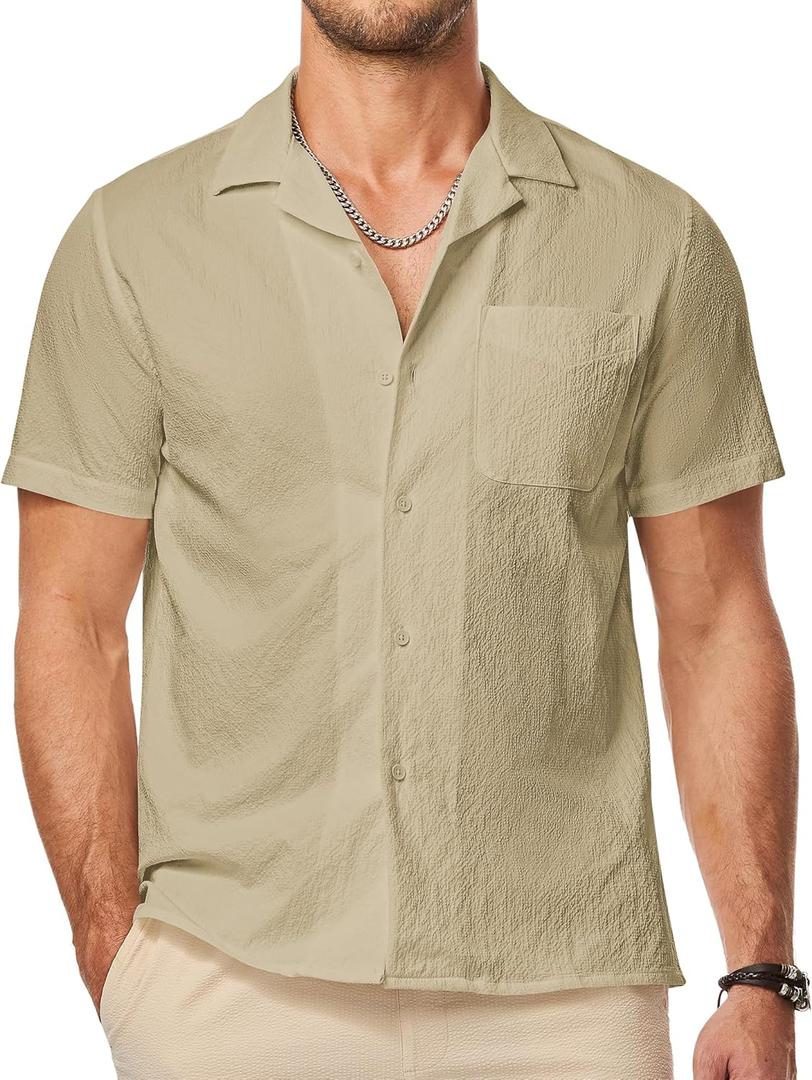 JMIERR Men's Seersucker Shirts Short Sleeve Casual Shirts Button Down Shirt Beach Summer Vacation Wedding Shirt (XL)