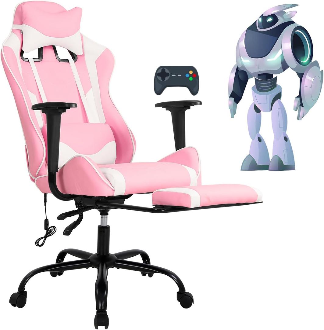 Gaming Chair Desk Chair High Back Computer Chair Ergonomic Massage PC Racing Chair with Waist Support and Retractable Foot Pedal PU Leather Recliner Rolling Adjustable Swivel Chair for Women Men (Pink)