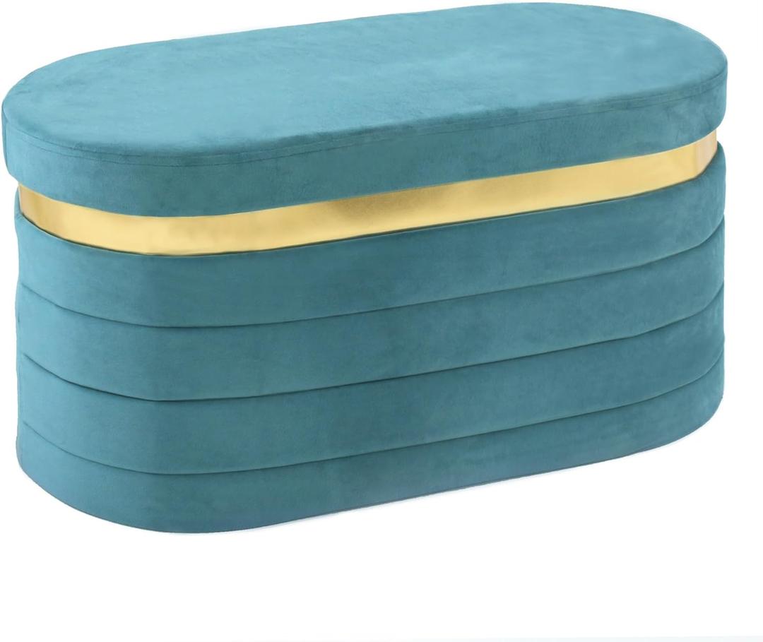 30.7 Inches Oval Ottoman Bench with Storage, Velvet Folding Footrest Ottoman, Soft Seat Cushion for Living Room, Entryway, Bedroom, Blue, 30.7"D x 15"W x 15"H