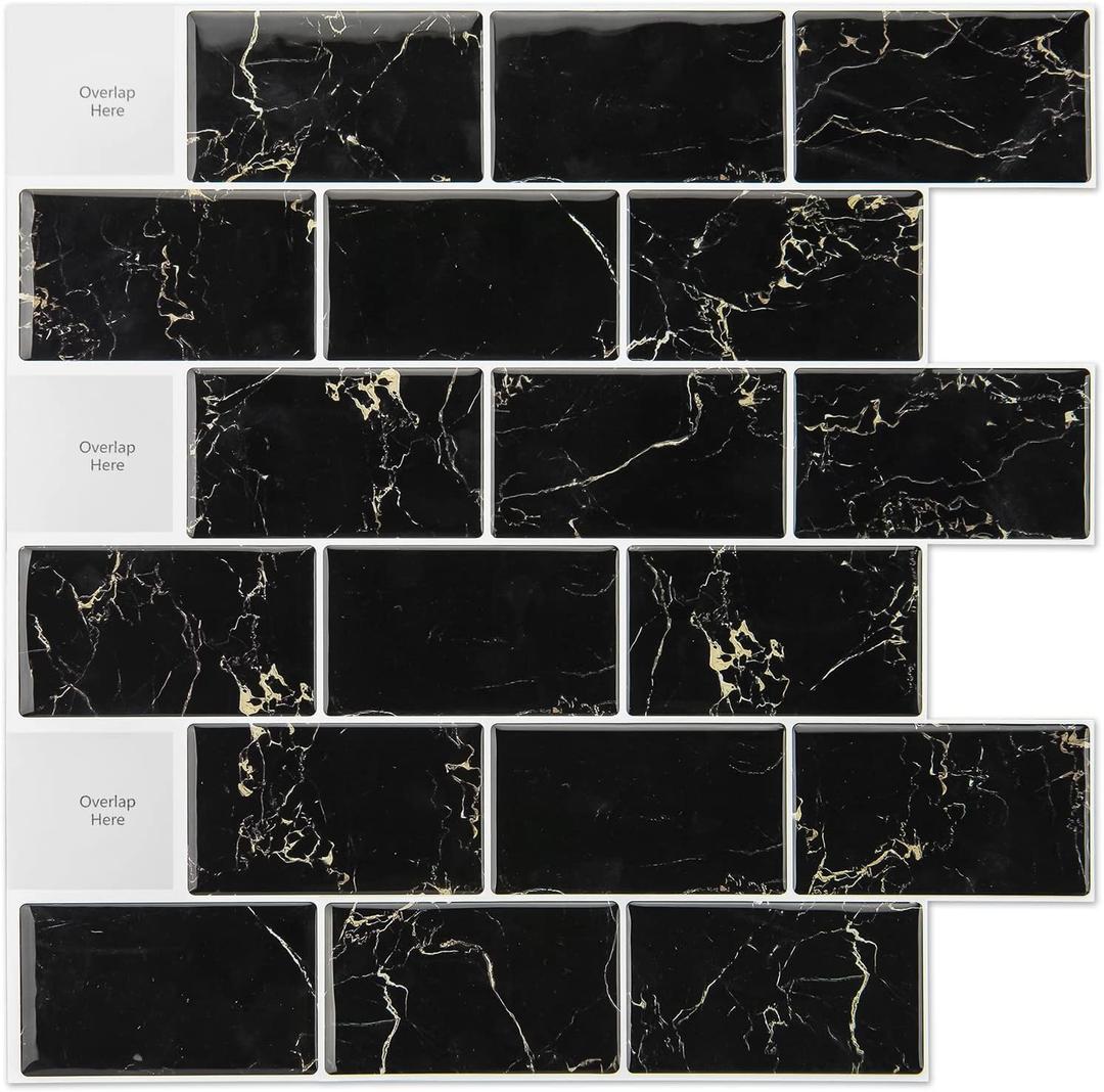 Art3d 10-Sheet Peel and Stick Subway Backsplash, 12 in. x 12in. Black Marble Design