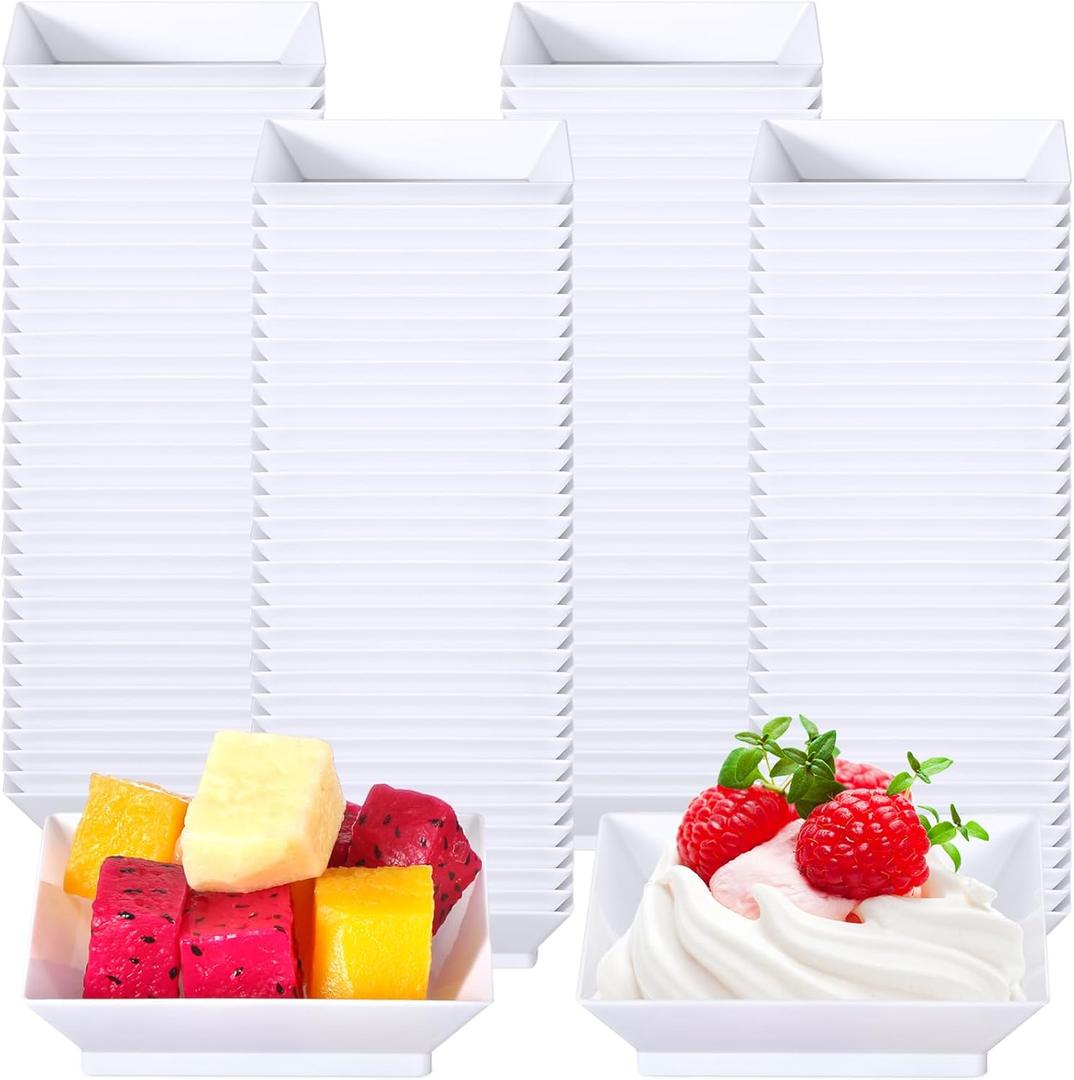200 Pieces Mini Square Dessert Plates 2.5 x 2.5 Inch Disposable Appetizer Plates Small Clear Plastic Dish for Dessert Salad Appetizer Sauces Tastings Cake Wedding Party Serving (White)