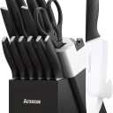 Astercook Knife Set, Kitchen Knives with Block and Sharpener Ceramic Coating 15 Pcs German Stainless Steel Knives Sharp Blade Dishwasher Safe Deba Knives with Ergonomic Handle, Elegant Black