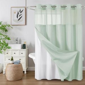 No Hook Shower Curtain with Snap in Fabric Liner, Waffle Weave Heavy Duty Thick Shower Curtains with Mesh Top Window, Hotel Style Waterproof Bathroom Curtain Set, 72 x 75 Inch, Mint Green
