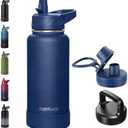 RUBYFLASK 32oz Insulated Water Bottle with Straw, Stainless Steel Metal Vacuum Water Flask, Large Thermal Water bottle with Leakproof 3 Lids for Travel, Camping, Gym Sports Navy