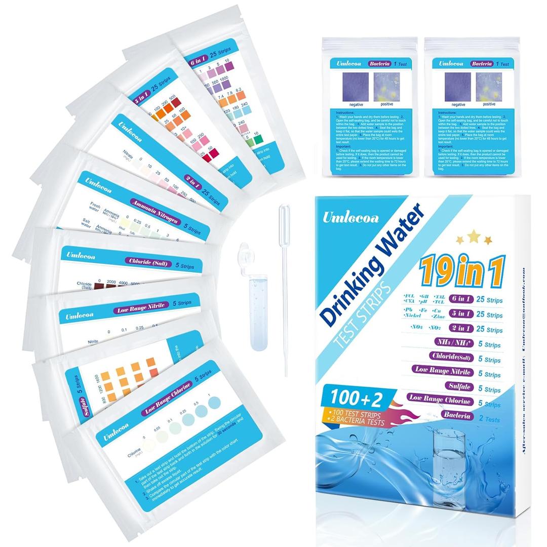 2 x 19 in 1 Drinking Water Test Kit with 100 All-in-One Water Test Strips & 2 Bacteria Tests - Home Water Quality Test Strips for Well, Tap Water, City Water, Tub and Swimming Pool Testing Strips