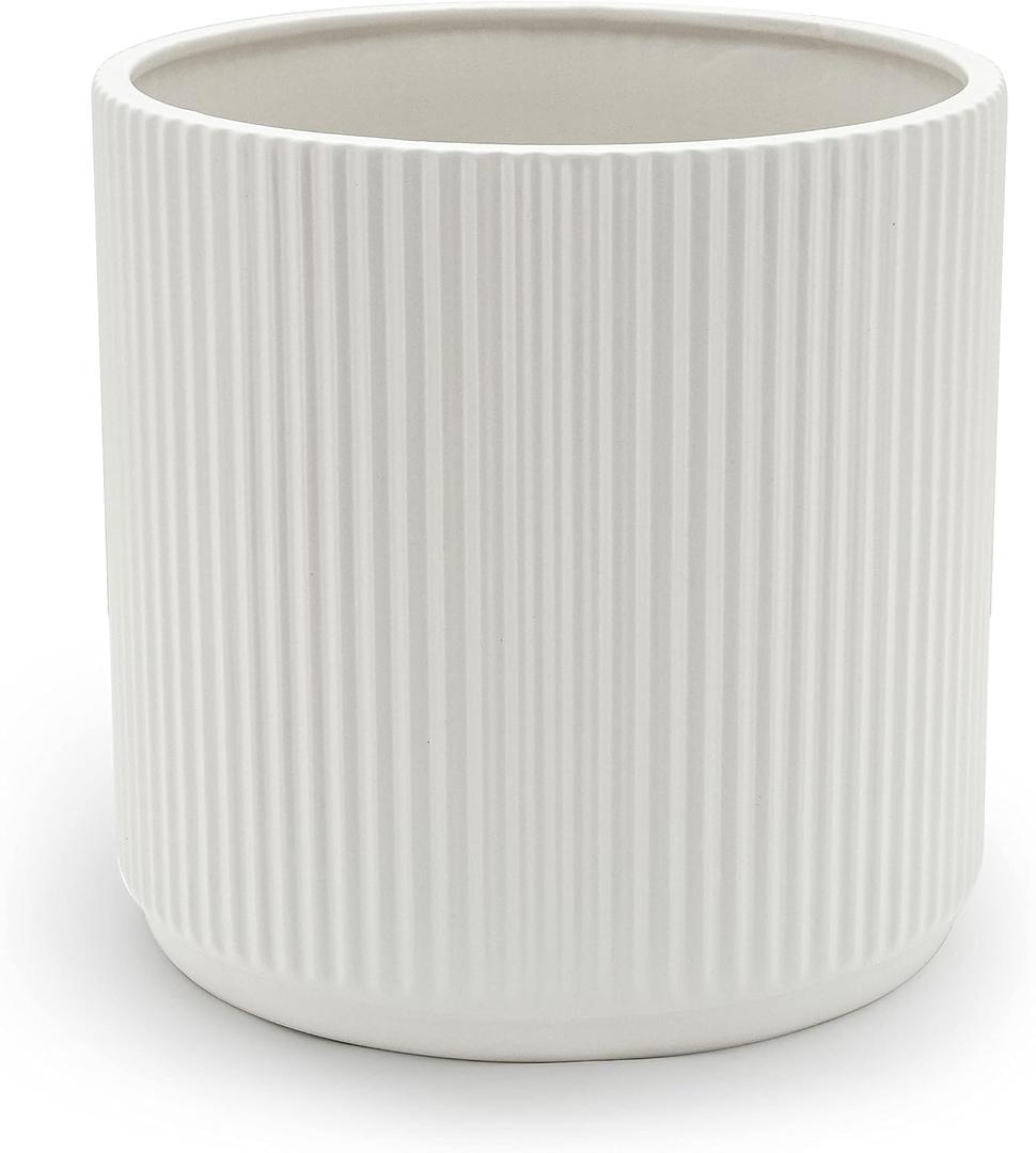 Amazon Basics Fluted Ceramic Round Planter with Drainage Hole, Indoor Outdoor Flower Pot, 10-inch, White