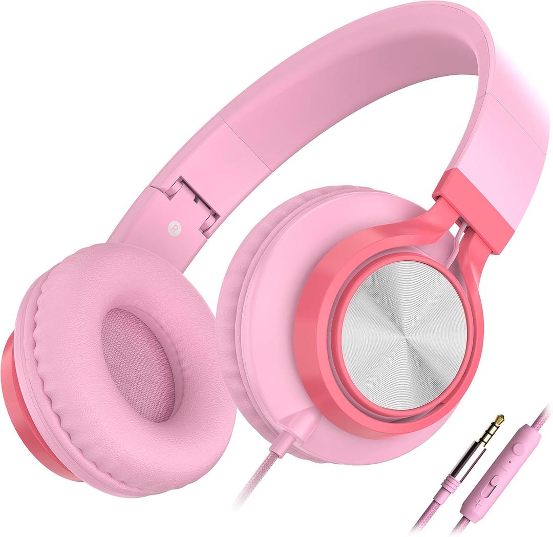 AILIHEN C8 Girls Headphones, On-Ear Headphones Wired with Microphone and Volume Control Foldable Corded Stereo 3.5mm Headset for Girls School Chromebook Laptop Computer PC Tablets Travel (Pink) (Medium)