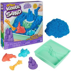 Kinetic Sand, Sandbox Set with 1lb Blue Play Sand, 4 Tools & Molds, Storage, Sensory Toys for Kids Ages 3 and up