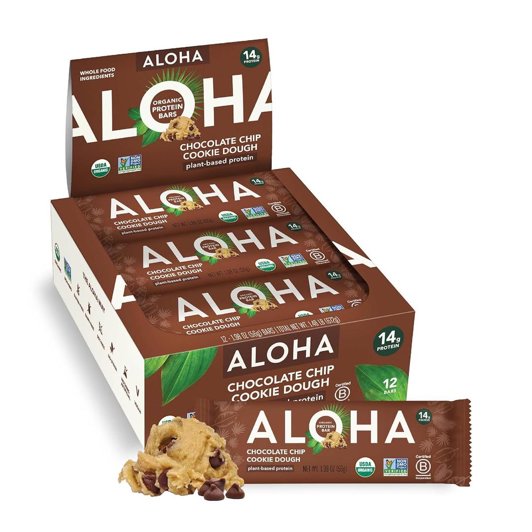 Aloha Organic Plant Based Protein Bars Chocolate Chip Cookie Dough, 1.98 Oz,(Pack of 12) (EXP 06/14/27)