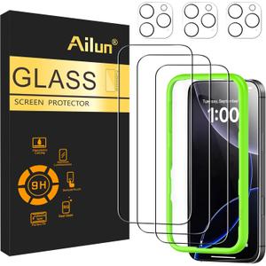 Ailun 3 Pack Screen Protector for iPhone 16 Pro [6.3 inch] + 3 Pack Camera Lens Protector with Installation Frame,Case Friendly Tempered Glass Film,[9H Hardness][Not for iPhone 16e/16/16 Plus/Pro Max]