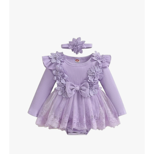 ZAXARRA Infant Baby Girl Romper Dress Baby Dress Romper Flowers Lace Fall Winter Clothes with Headband,9-12 M