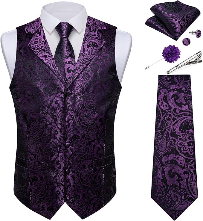 DiBanGu Mens Vest Paisley Suit Vests and Tie Set | Lapel Collar Design,Silk Mens Vest ,Regular Fit,7PCS Gift Set,Breathable and Wear-resistant,Formal Wedding Party Tuxedo, M